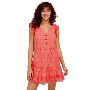 LOFT eyelet tiered swing mini dress‎ in coral cotton